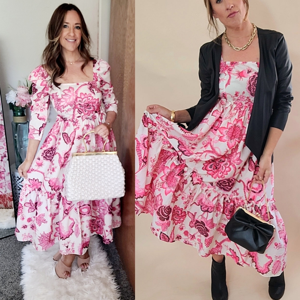 Pink and White Tiered Sundress with Puff Sleeves